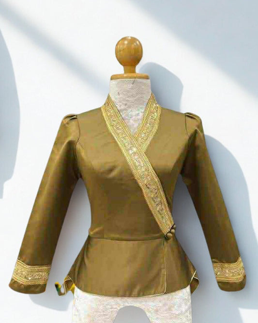 Traditional Lao Peplum Top with Gold Trim Antique Gold