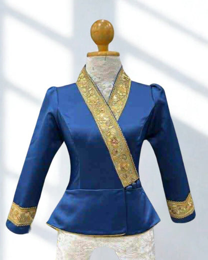 Traditional Lao Peplum Top with Gold Trim Royal Blue