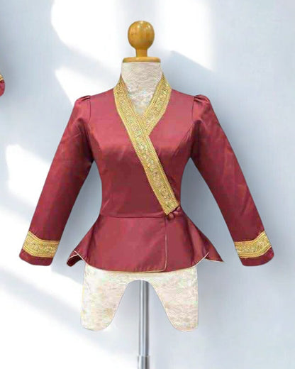 Traditional Lao Peplum Top with Gold Trim Crimson Red