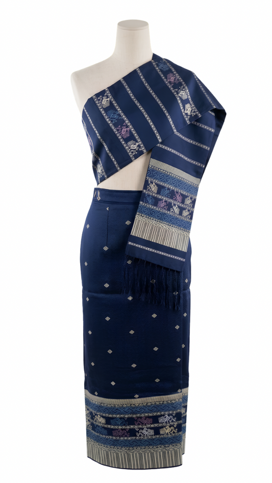 Twilight Blue – Traditional Lao Sinh & Pha Biang Set