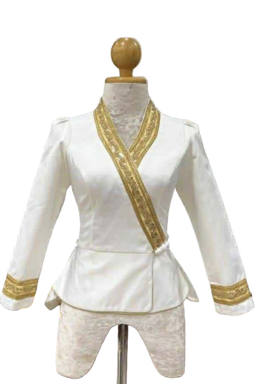 Traditional Lao Peplum Top with Gold Trim White
