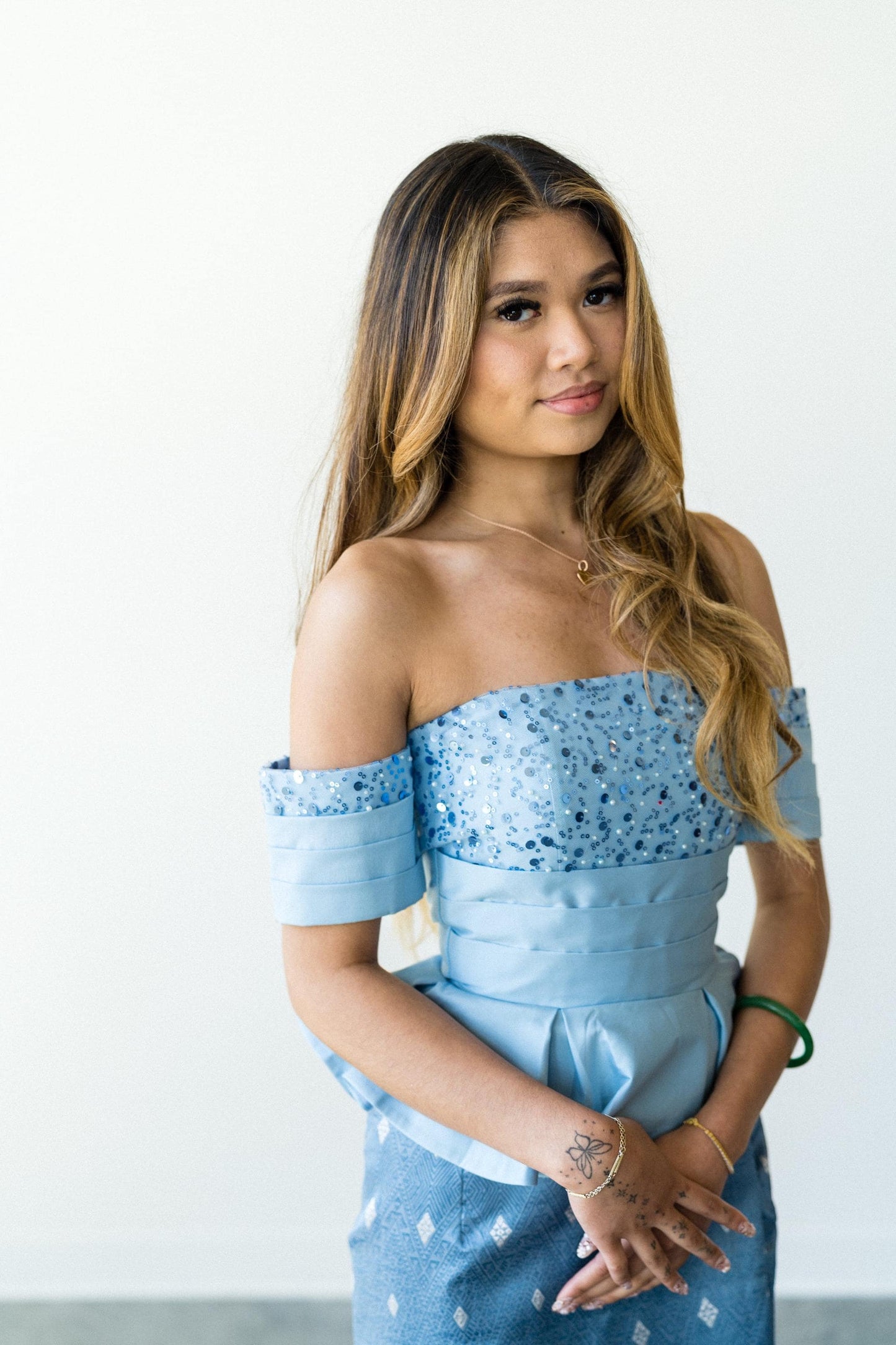 Off-Shoulder Peplum Tops – Modern Lao Style (Light Blue)