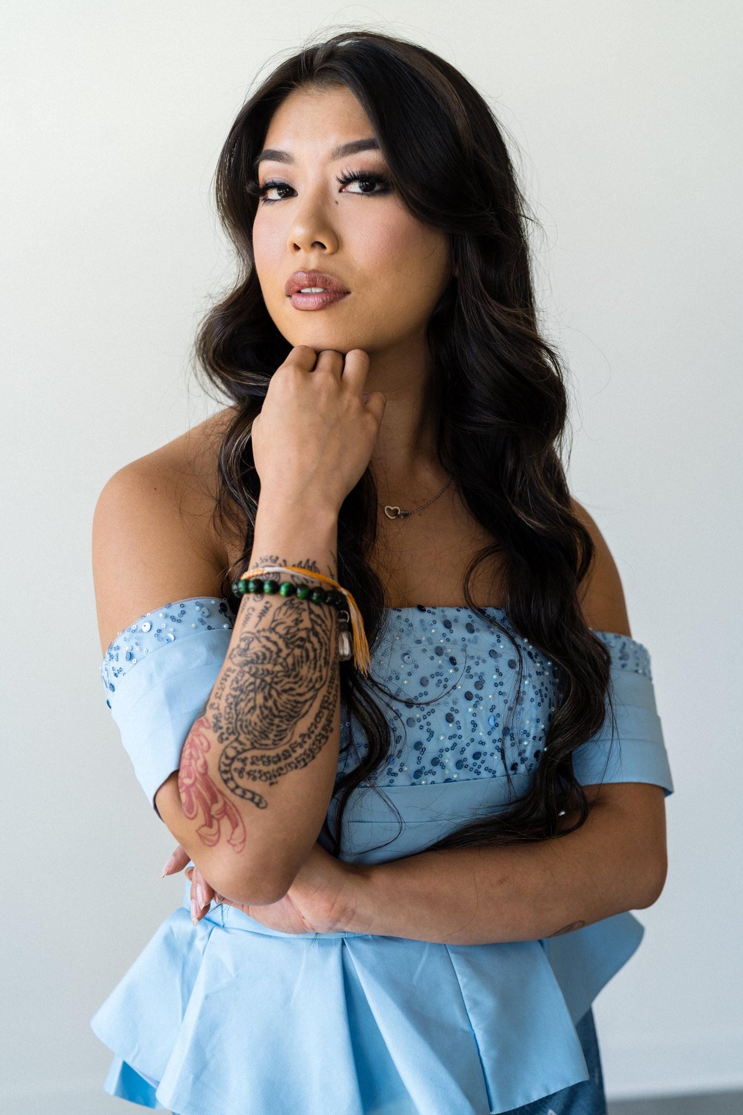 Off-Shoulder Peplum Tops – Modern Lao Style (Light Blue)