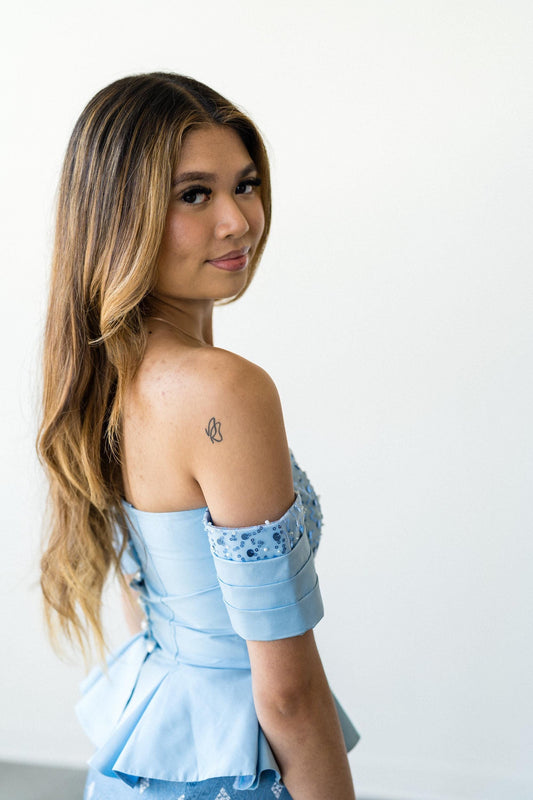 Off-Shoulder Peplum Tops – Modern Lao Style (Light Blue)