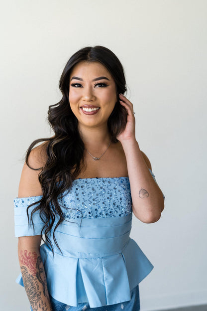 Off-Shoulder Peplum Tops – Modern Lao Style (Light Blue)